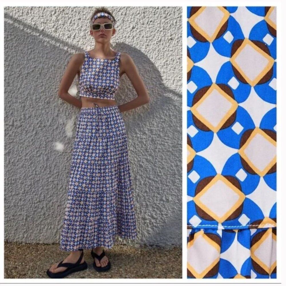 Zara Maxi Skirt Geometric Print High-Waist A-Line Ruffled Sz M Boho Coastal